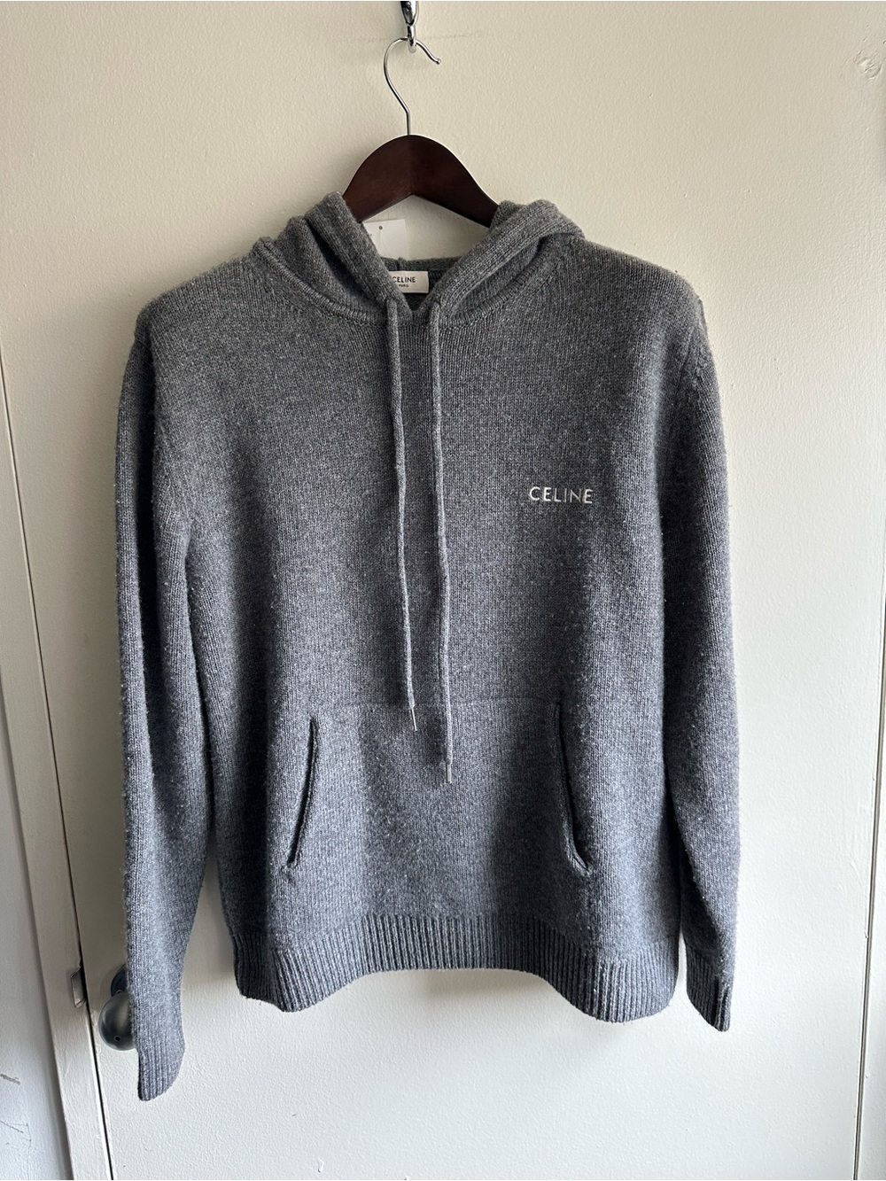 Celine Gray Knit Embroidered Cashmere Blend Hoodie US L
